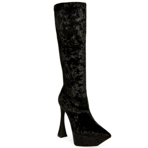 Jeffrey Campbell Shego Black Crushed Velvet Knee High Platform Boots size 6 - Picture 1 of 8